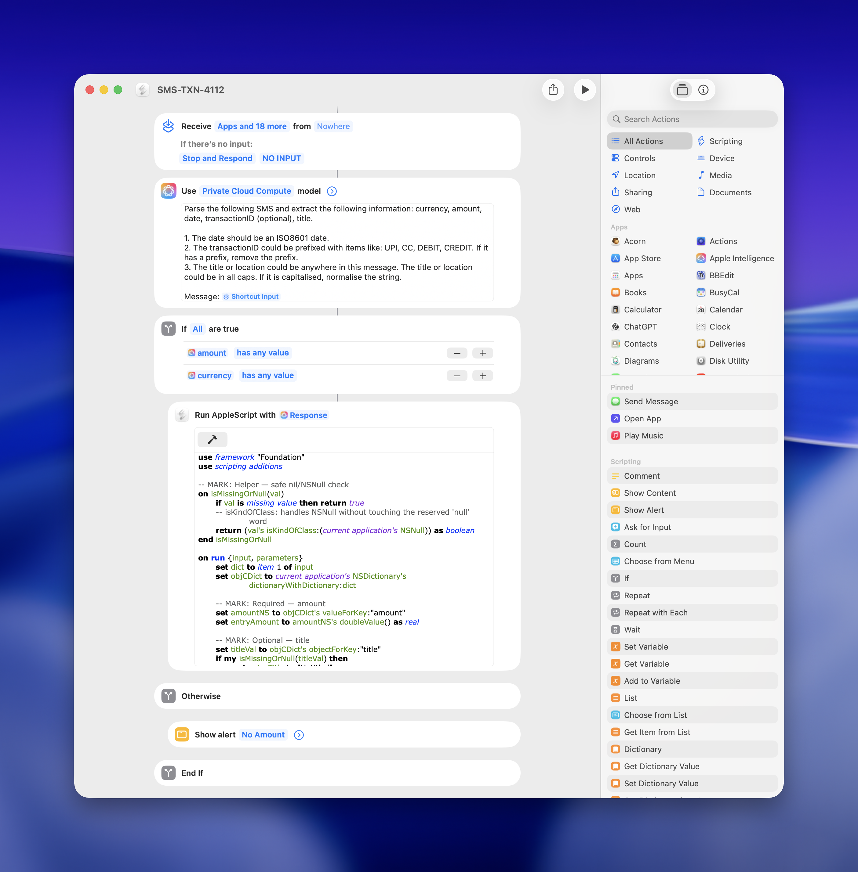 Shortcuts Automation for SMS parsing